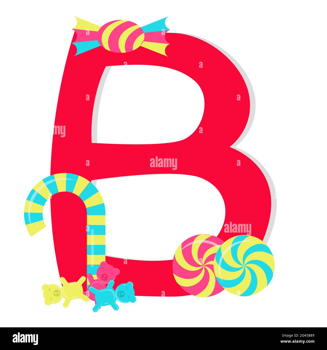 Lettera 'b' dall'alfabeto stilizzato con caramelle: Caramella bastone, peluche di gelatina, caramella alla menta peperita, caramella avvolta. Sfondo bianco. Illustrazione Vettoriale