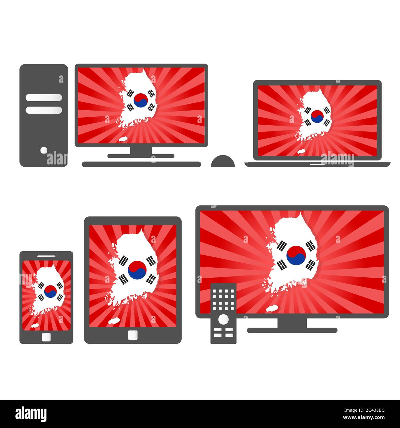 Molti dispositivi multimediali (tablet, pc, cellulare, laptop, smart tv) con la mappa e la bandiera della Corea del Sud. Illustrazione Vettoriale