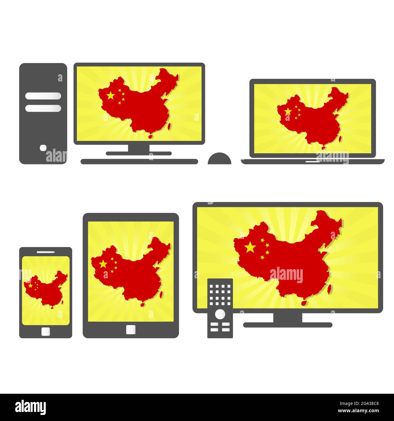 Molti dispositivi multimediali (tablet, pc, cellulare, laptop, smart tv) con la mappa e la bandiera della Cina. Illustrazione Vettoriale