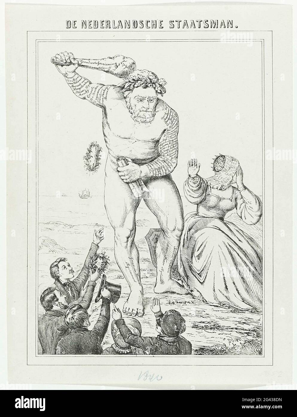 Hercules e la revisione costituzionale del 1840 (1845); De Nederlandsche Staatsman. Un gigante (Ercole) ondulato con un nodi con l'iscrizione 'visione costituzionale' e un rotolo di carta con l'iscrizione 'Costituzione 1840' d'altra parte. I nomi dei membri della seconda Camera degli Stati generali sono sul corpo del Gigante. A destra, la vergine olandese gira il viso con orrore, in primo piano accoglie quattro uomini e una donna gigante con braccia distese e corone di alloro. Probabilmente un fumetto di rifiuto da parte dell'Aula nel maggio 1845 della "proposta di Negenmen", una proposta di contro Foto Stock