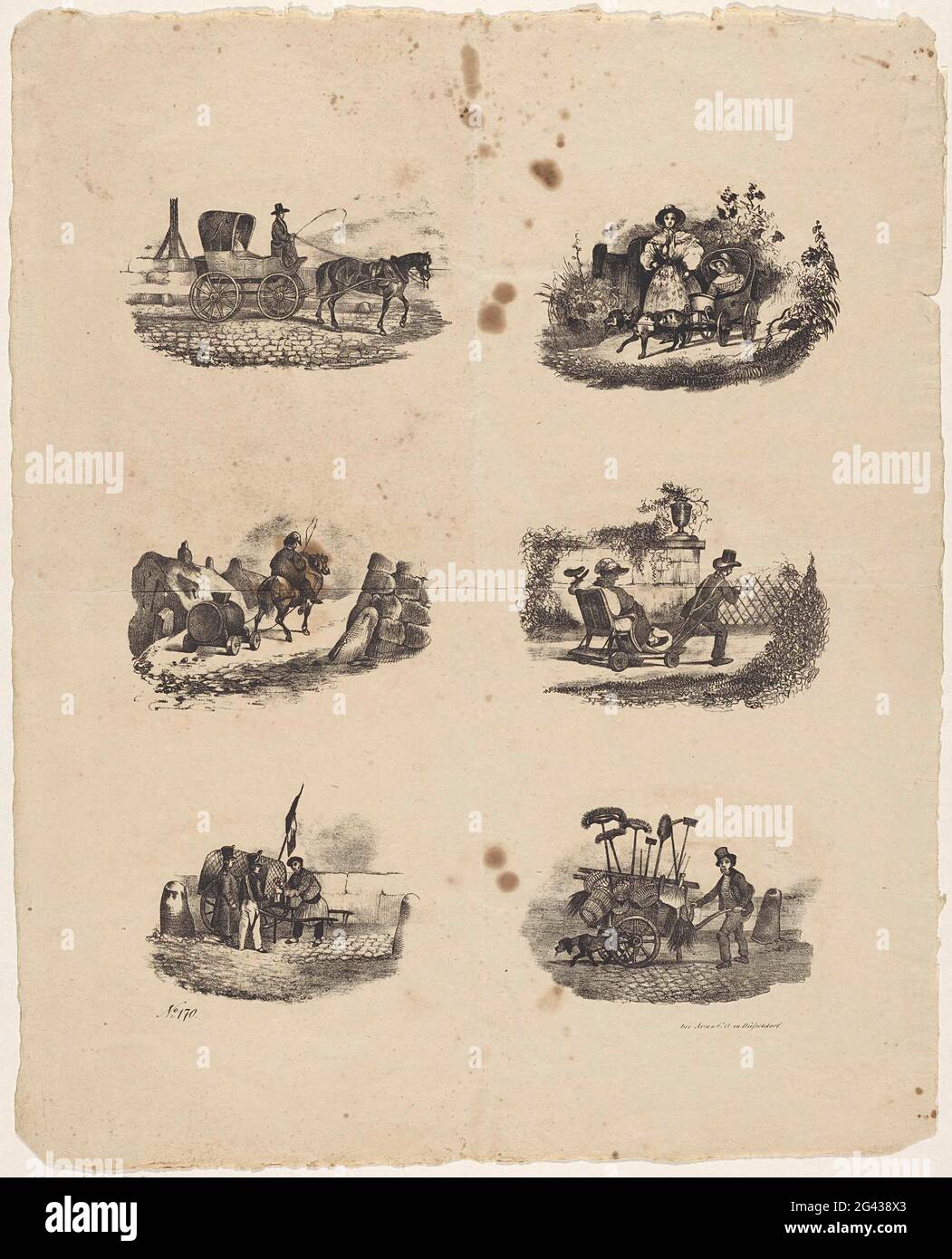 Sei prestazioni con carrello o carrello. Nella foto sono raffigurati un cavallo con carrozza, un carretto per cani con bambino e supervisore, un cavallo con cavaliere e un barile su ruote, una slitta con ruote continuata da un uomo, un carretto di petrolio con due soldati e un carretto per scopa. Foto Stock