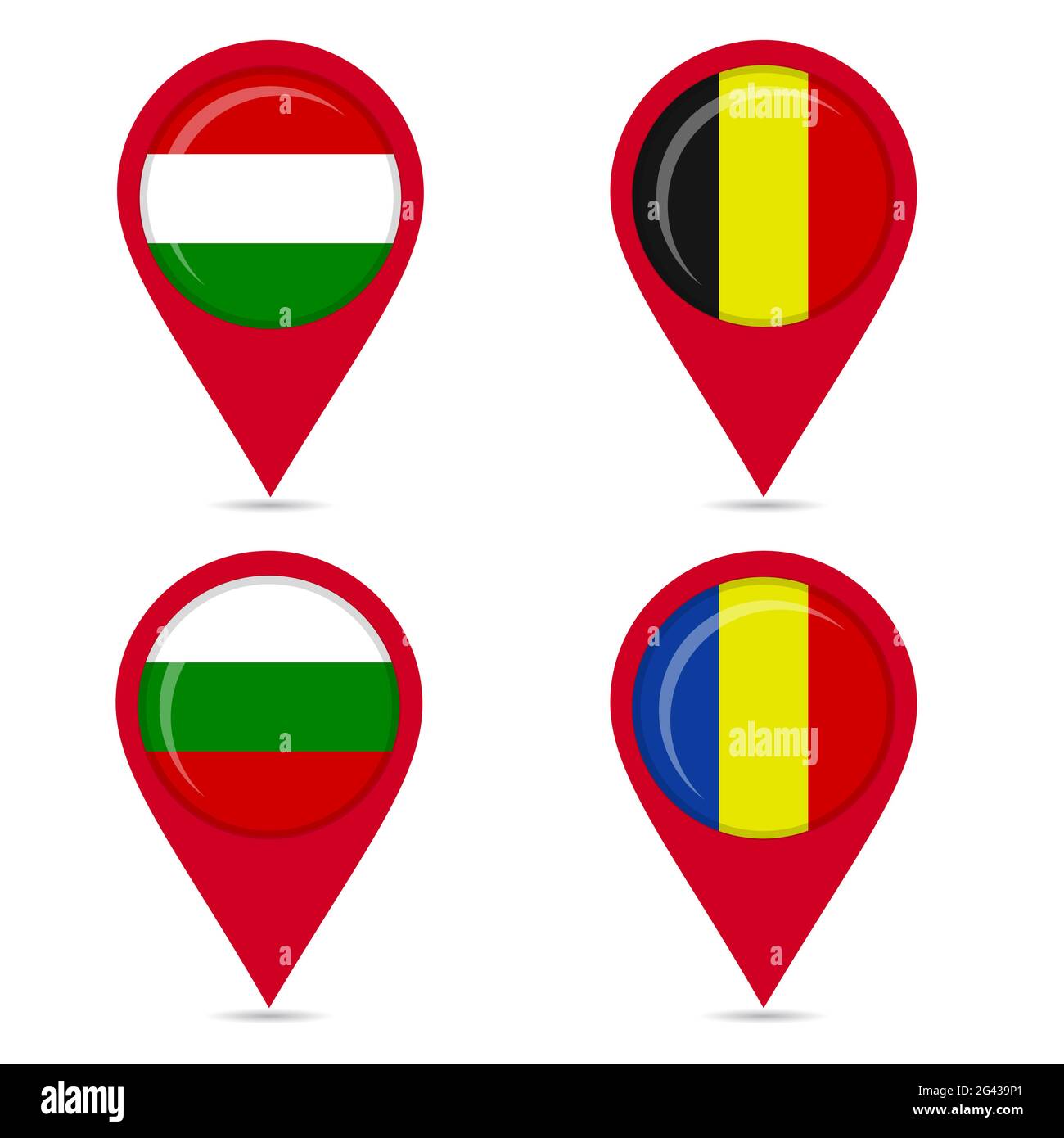 Icone delle bandiere nazionali: Romania, Bulgaria, Ungheria, Belgio. Sfondo bianco. Illustrazione Vettoriale
