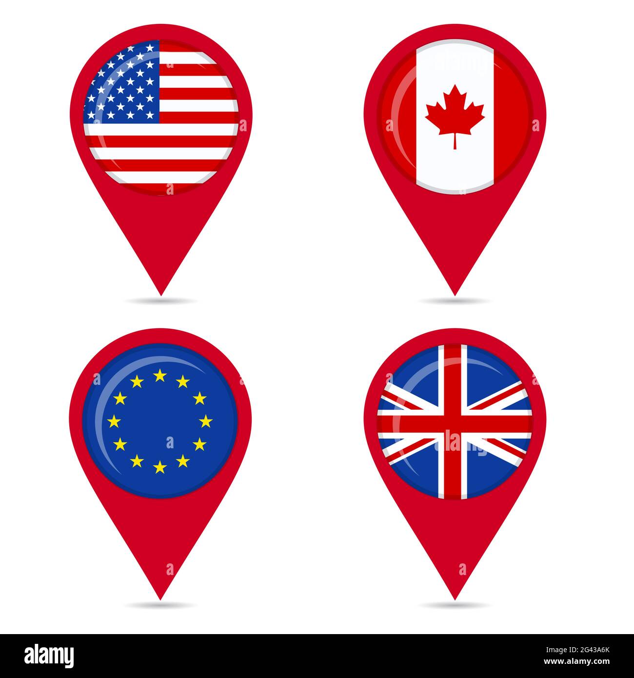 Icone delle bandiere nazionali: stati uniti, canada, europa, Unione europea, regno unito. Sfondo bianco. Illustrazione Vettoriale