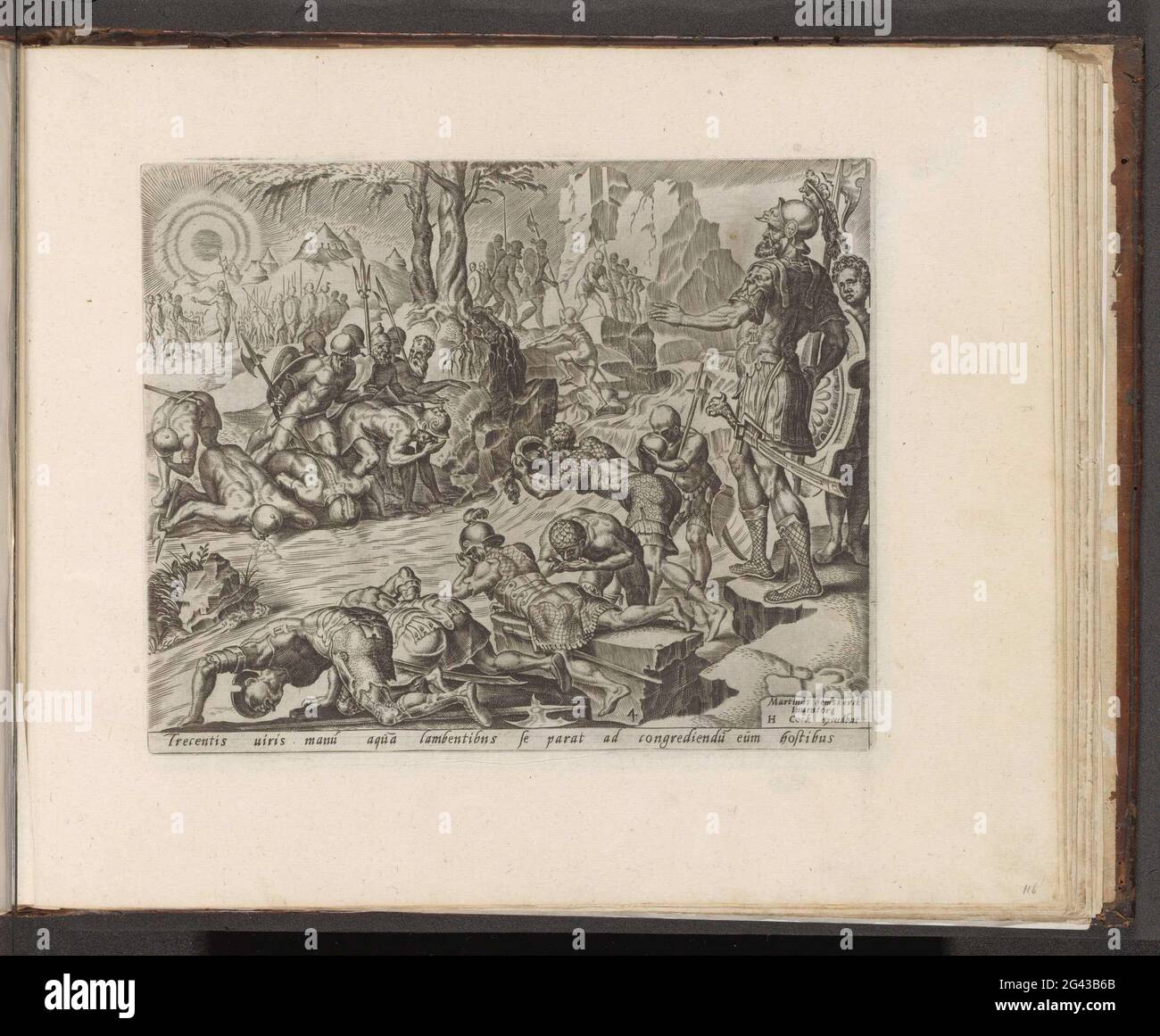 Gideon seleziona uomini dal fiume; Storia di Gideon; Thesaurus sacrarum  HistoriaRu [M] Veteris Testame [N] ti, Elega [N] Tissimis imaginibus  Expressu [M] Excelle [N] Tissimoru [M] in Hac Arte Viroru [M] Opera: