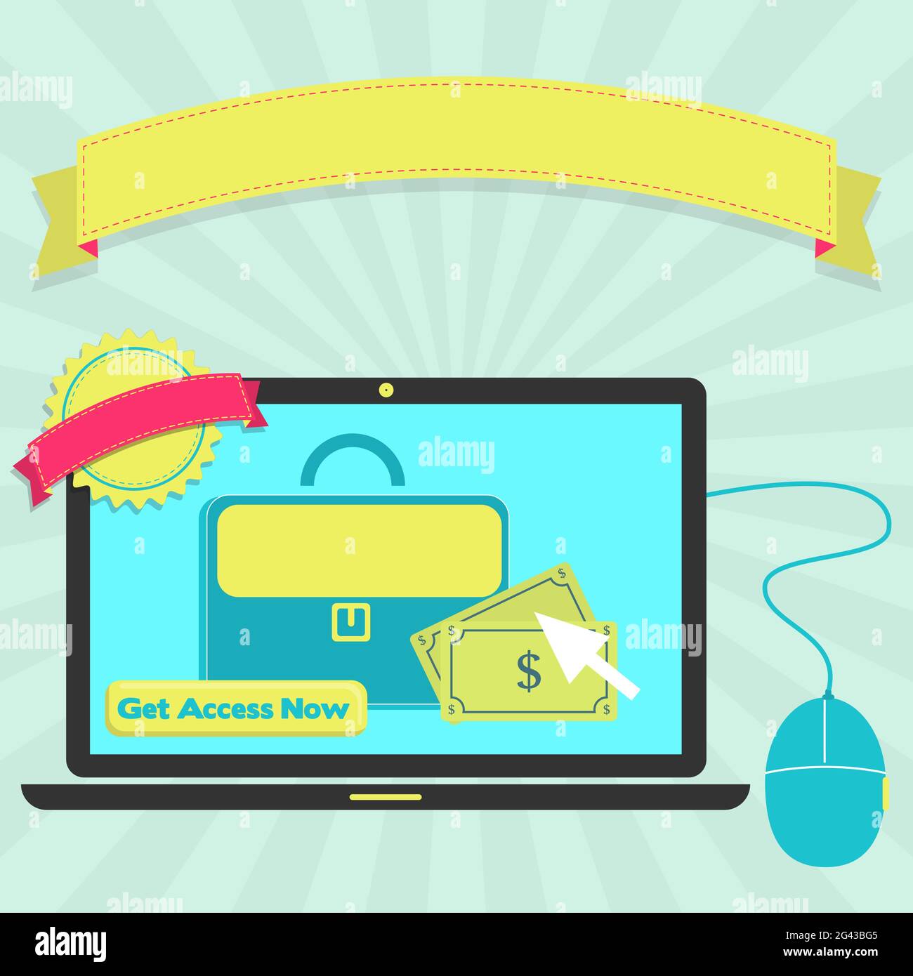 Accesso alla piattaforma aziendale online tramite notebook. Opere d'arte colorate. Nastro e timbro vuoti per l'inserimento del testo. Illustrazione Vettoriale