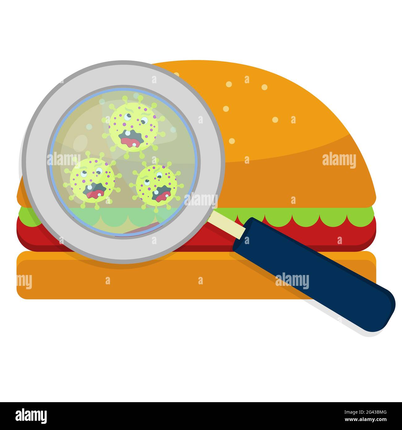 Lente di ingrandimento che mostra germi su hamburguer. Sfondo bianco. Illustrazione Vettoriale
