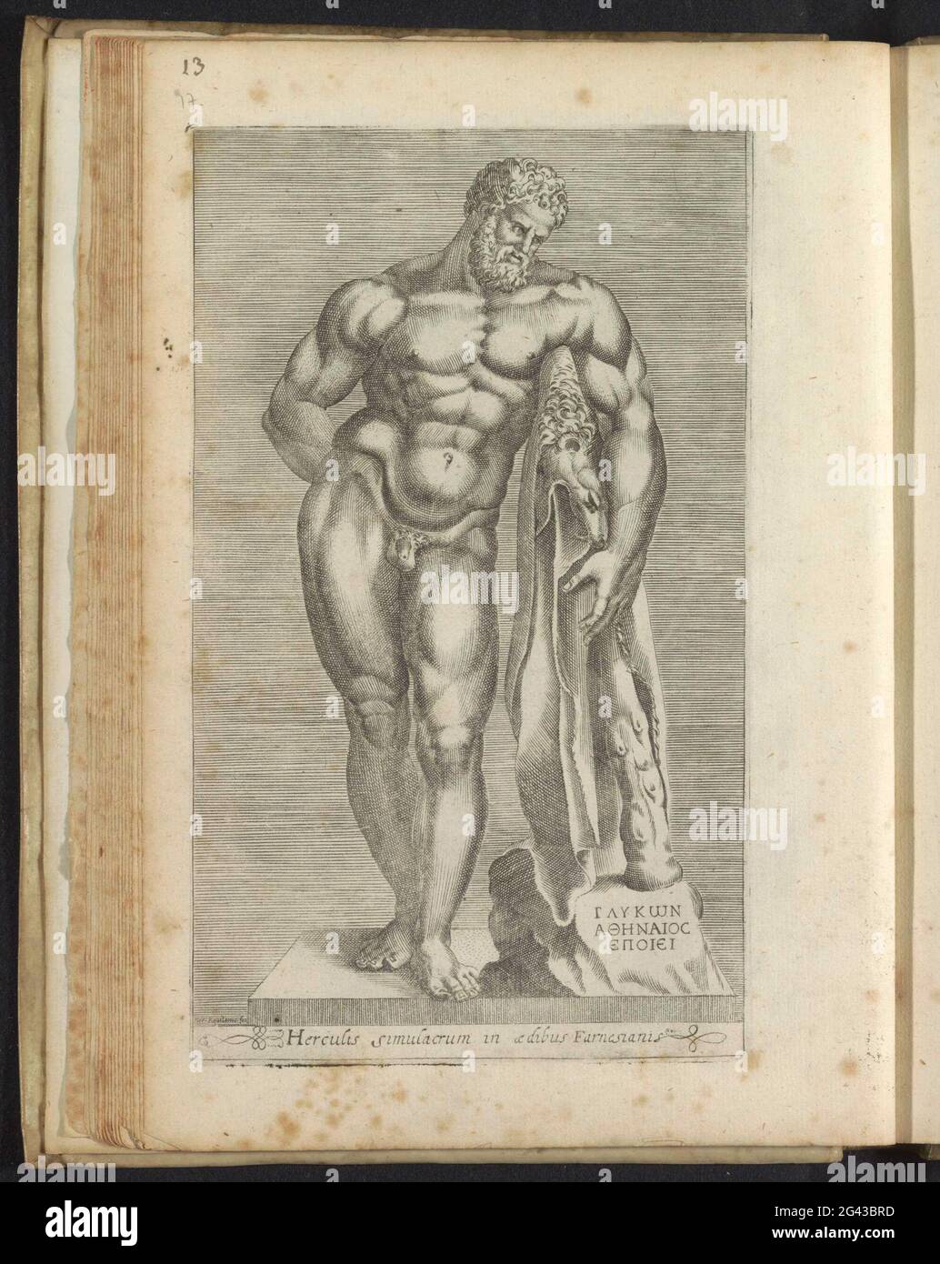 Scultura di Ercole; Ercole Farnese; Ercole simulacrum in aedibus Farnesiani; sculture antiche a Roma; Antiquarum Statuarum Urbis Romae quae in Publicis locis Visuntur Icones. Didascalia in latino. Stampa fa parte di un album. Foto Stock