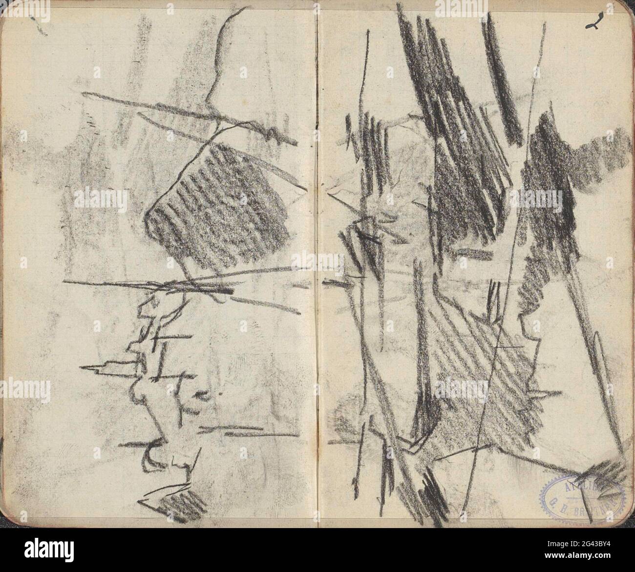 Vista su un canale di Amsterdam, probabilmente il lauriergracht. Pagina 5 e pagina 6 da un libro di schizzo con 20 fogli. Foto Stock