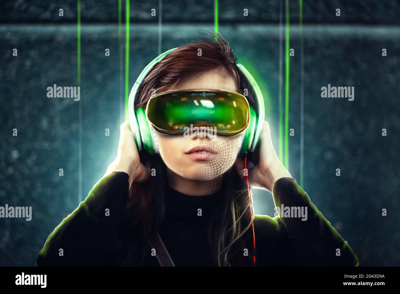 Giovane ragazza adolescente in cuffia con occhiali per realtà virtuale. Concetto di tecnologia di gioco VR Foto Stock