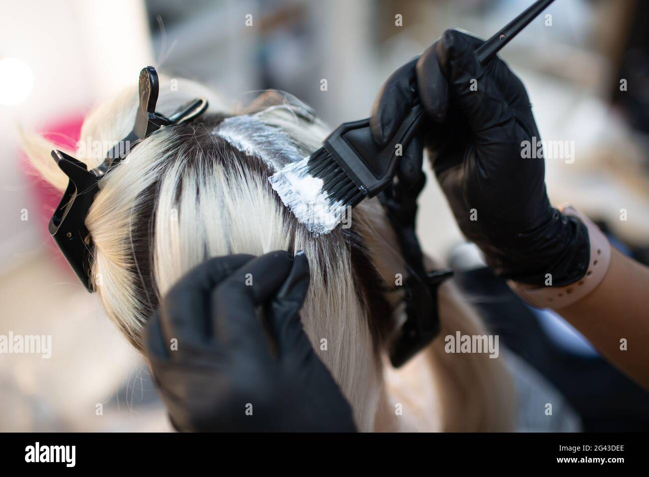 Giovane donna parrucchiere che sta morendo i capelli al salone di bellezza. Colorazione professionale delle radici dei capelli Foto Stock