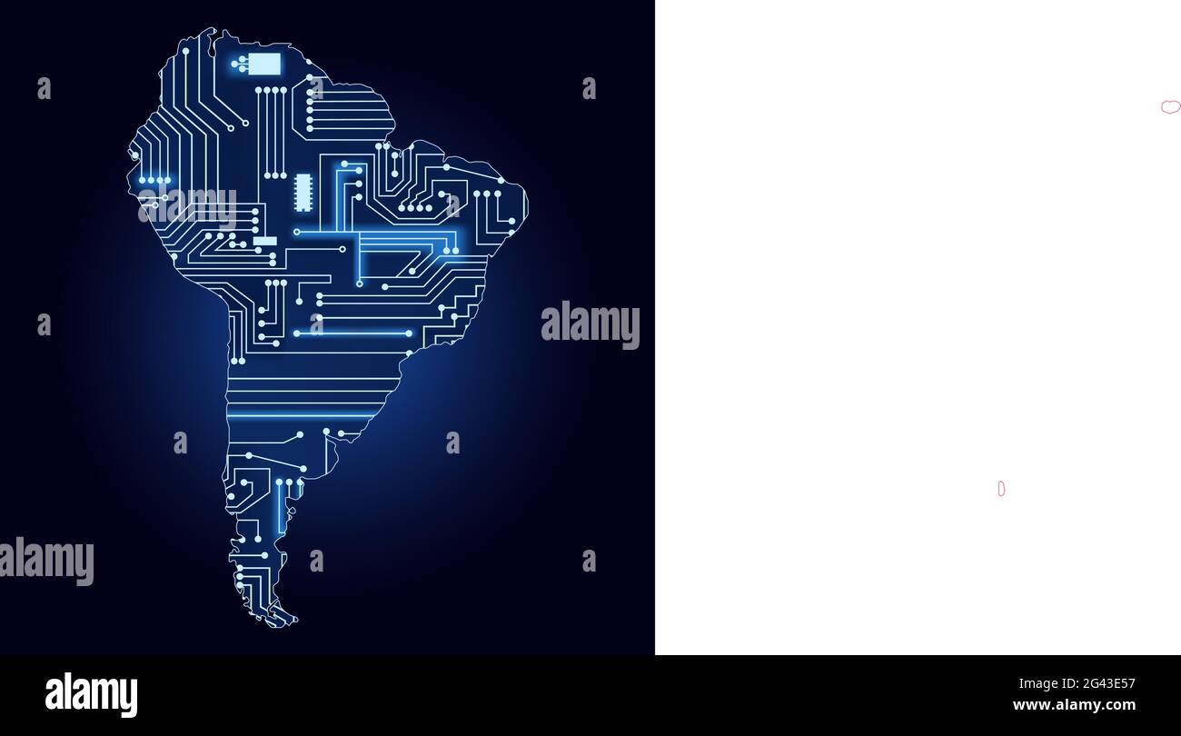 Mappa dei contorni del Sud America con un circuito elettronico tecnologico. Illustrazione Vettoriale