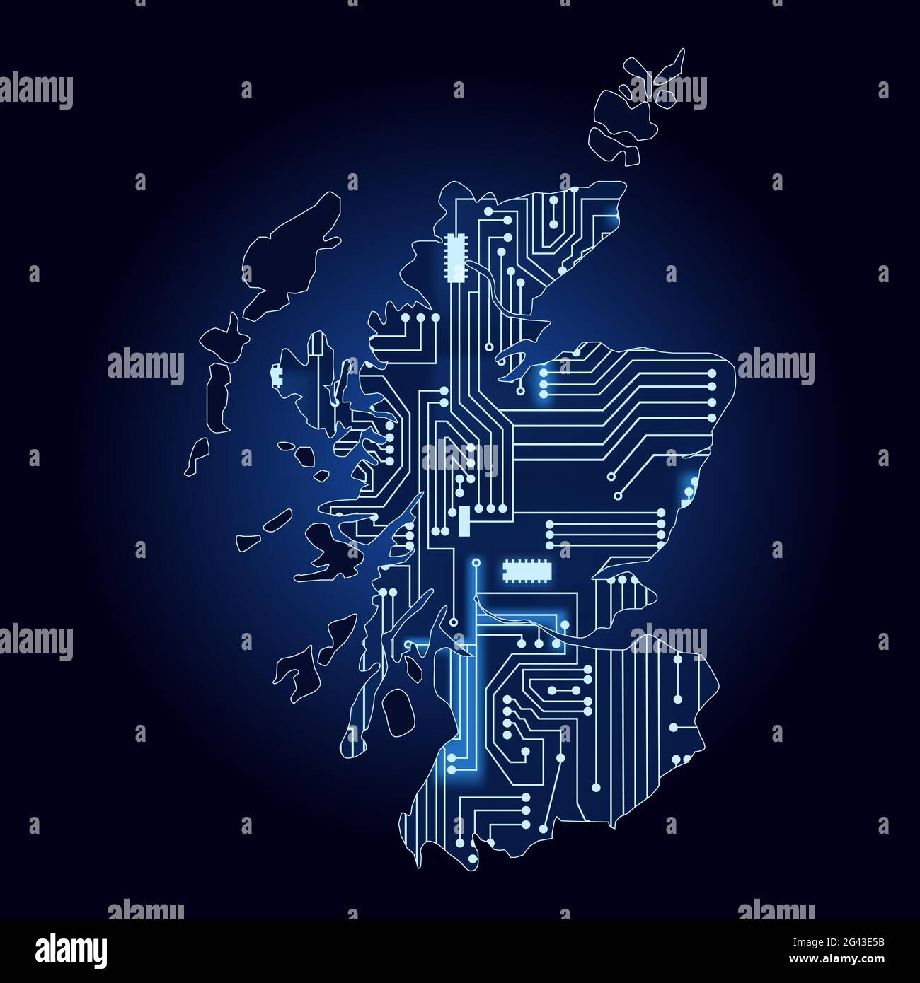 Mappa dei contorni della Scozia con un circuito elettronico tecnologico. Illustrazione Vettoriale
