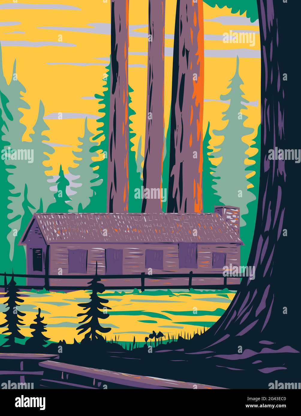 Poster dell'arte WPA di Mariposa Grove Cabin con General Grant e General Sheridan Tree situato nel Parco Nazionale di Yosemite, California, Stati Uniti d'Am Illustrazione Vettoriale