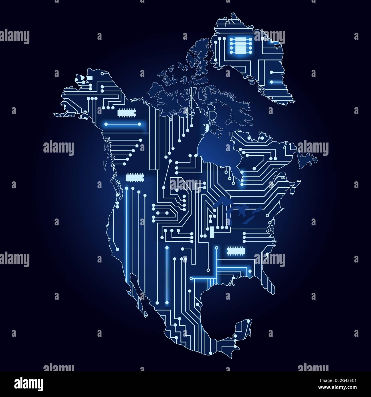 Mappa dei contorni del Nord America con un circuito elettronico tecnologico. Illustrazione Vettoriale