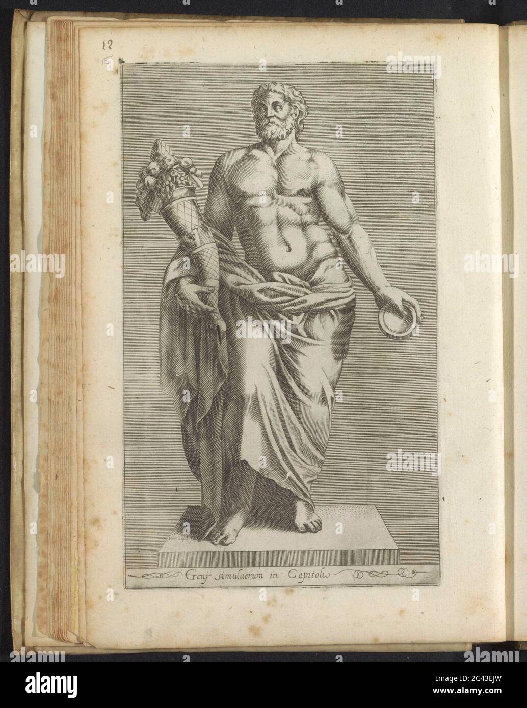 Scultura di un uomo con una cornucopia; Geny simulacrum in capitoli; Antique sculptures in Rome; Antiquarum Statuarum Urbis Romae quae in Publicis locis Visuntur Icones. Didascalia in latino. Stampa fa parte di un album. Foto Stock