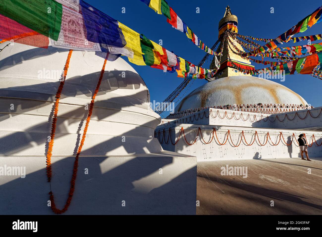 Chiara luce autunnale a Bodnath, Kathmandu, Nepal, Asia. Foto Stock