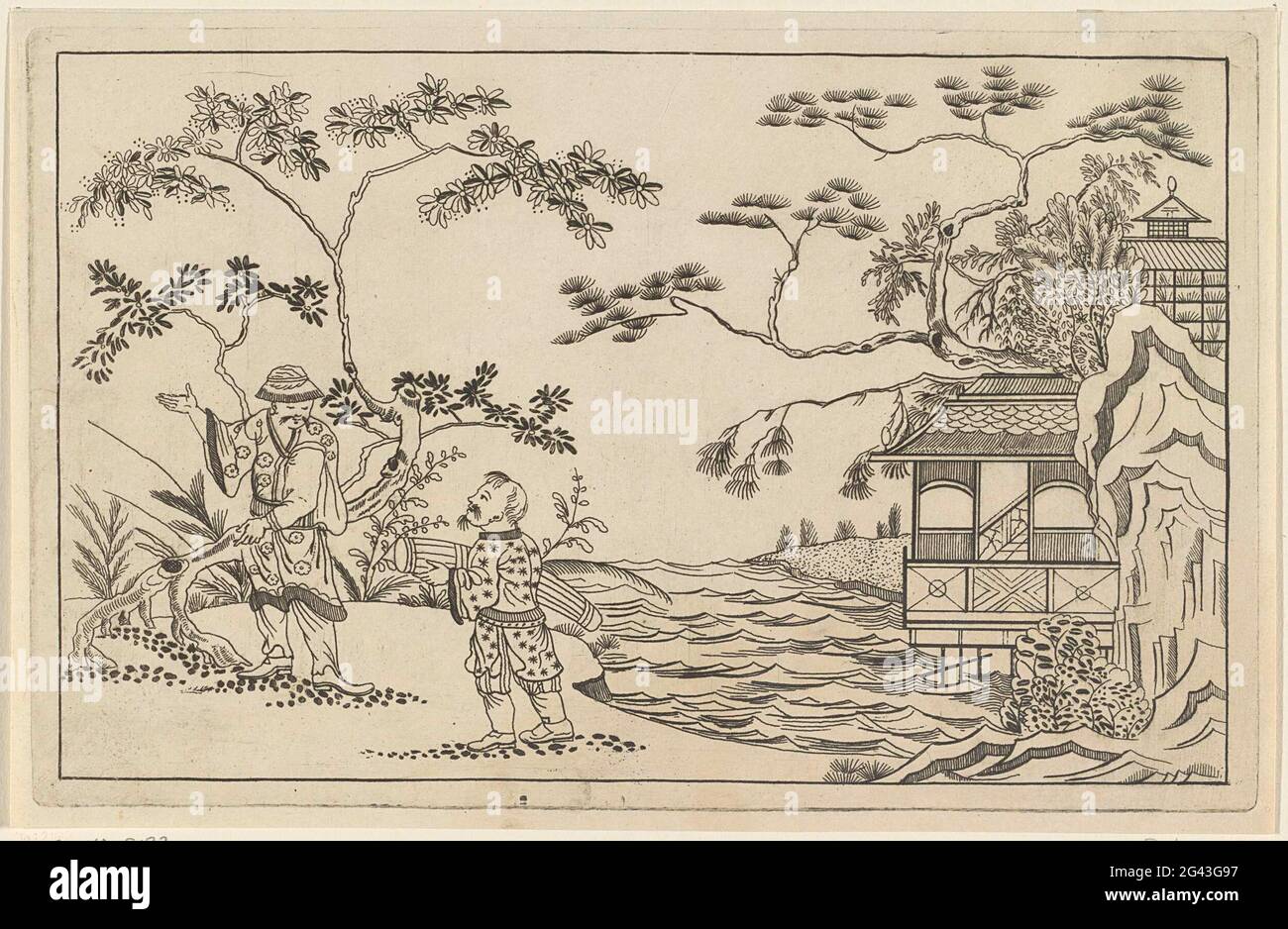 Due uomini cinesi in un paesaggio; nuovi sinesen convertiti con grande Moeyte firmato ed è dato in esso, da P. Schenk Jun (...), prima parte. Collega due uomini cinesi in un paesaggio. Un fiume nel mezzo. Sulla destra un edificio. Foto Stock