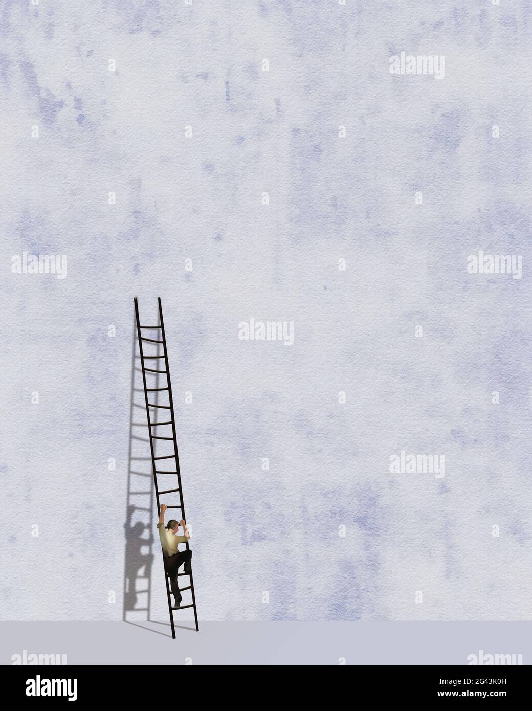 Un uomo sale una scala che si appoggia contro un alto muro in questa illustrazione 3-d sulle sfide e lo sforzo futile. Foto Stock