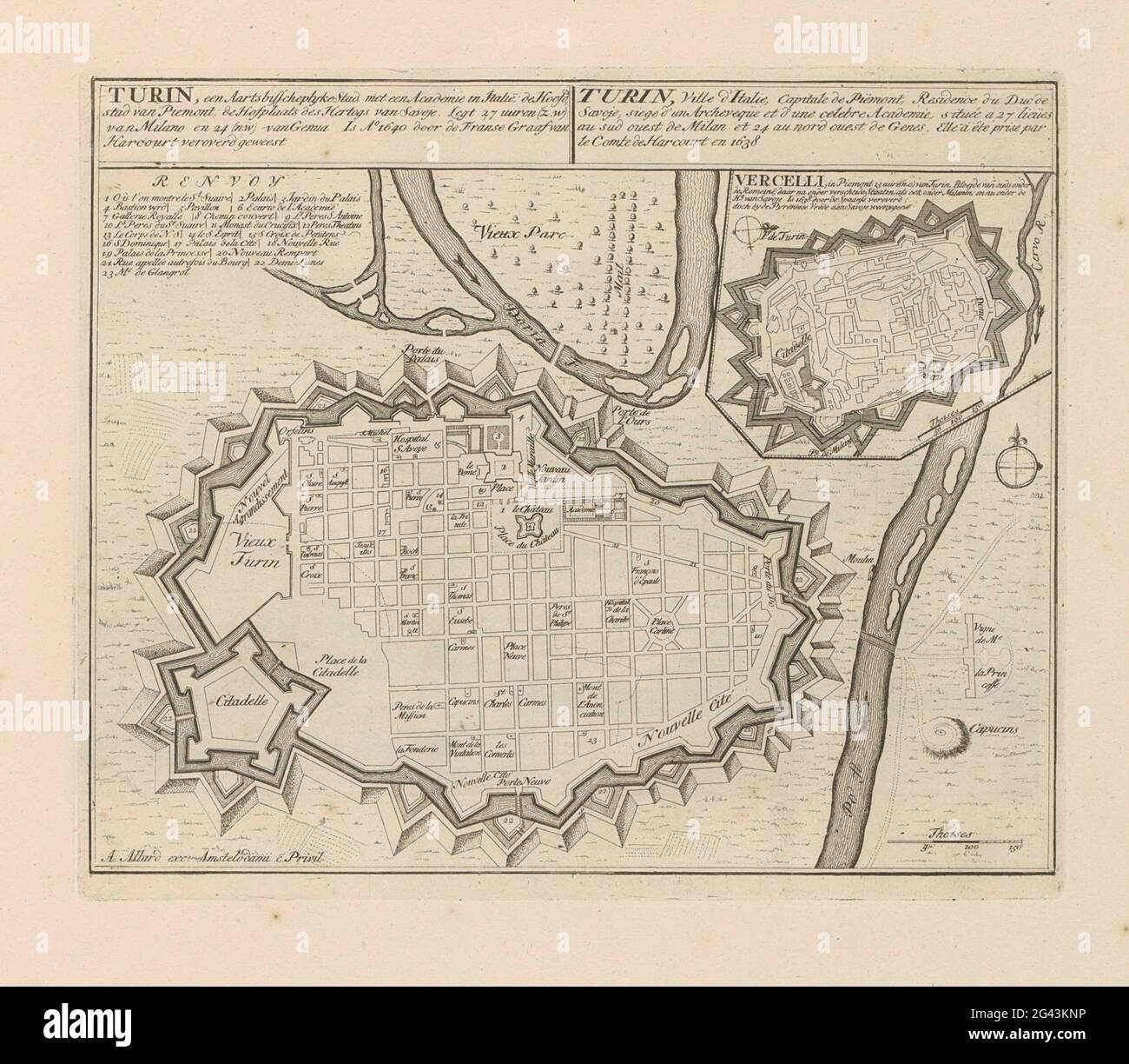 Mappa di Torino; Torino, città arcivescovado con un'accademia in Italia (...); Les principales Forterses & Villes Fortes, D'Espagne, De France, D'Italie, i Savoia, D'Allemagne & des Païs-Bas (...) / immagini sittinguriali delle principali città forti e fortezze di Spanjen, Vrankryk, Italien, Savoy, Duytsland e Nederlanden (...). MAPPA DI TORINO, in alto a destra della città di Vercelli. Testi in olandese e francese. La stampa fa parte di un album. Foto Stock