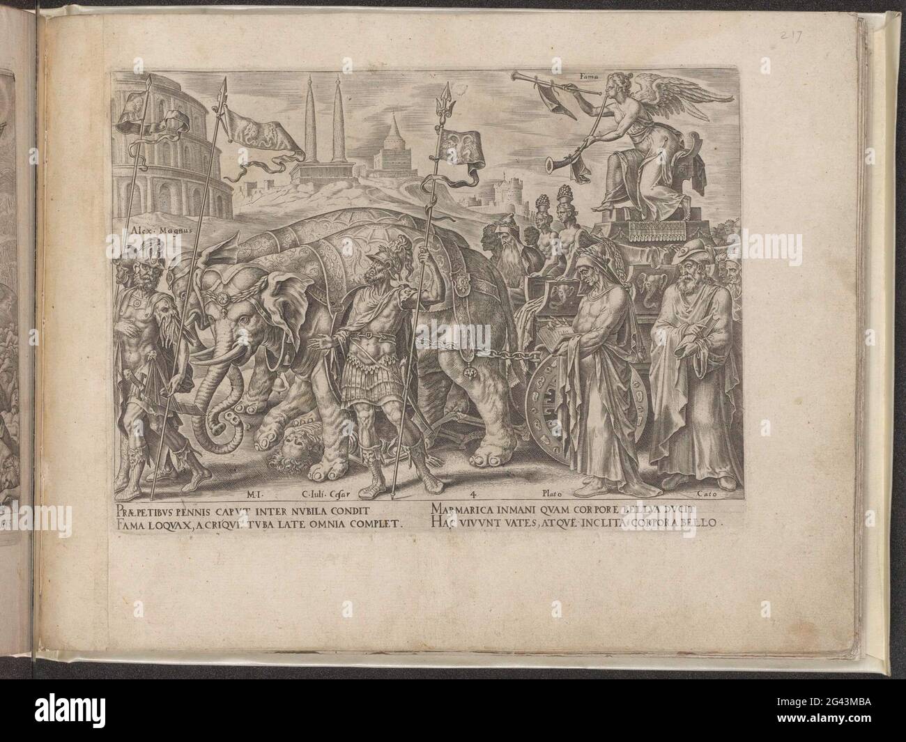Trionfo della fama; Trionfi di Petrarca. La fama alata (FAMA) soffia sulle sue due trombe. Per esempio, proclama la fama di veloppe e filosofi del passato. Nella sua processione, Alessandro Magno, Giulio Cesare, Cato e Platone. Le ruote della sua auto sono decorate con lingue, orecchie e occhi per diffondere la fama. La fama vince la morte; è miseramente schiacciato sotto le gambe degli elefanti. Sullo sfondo ci sono due obelischi, monumenti che sono stati fondati in onore di personaggi famosi. Sotto la mostra un testo esplicativo in latino. Questa stampa fa parte di un album. Foto Stock