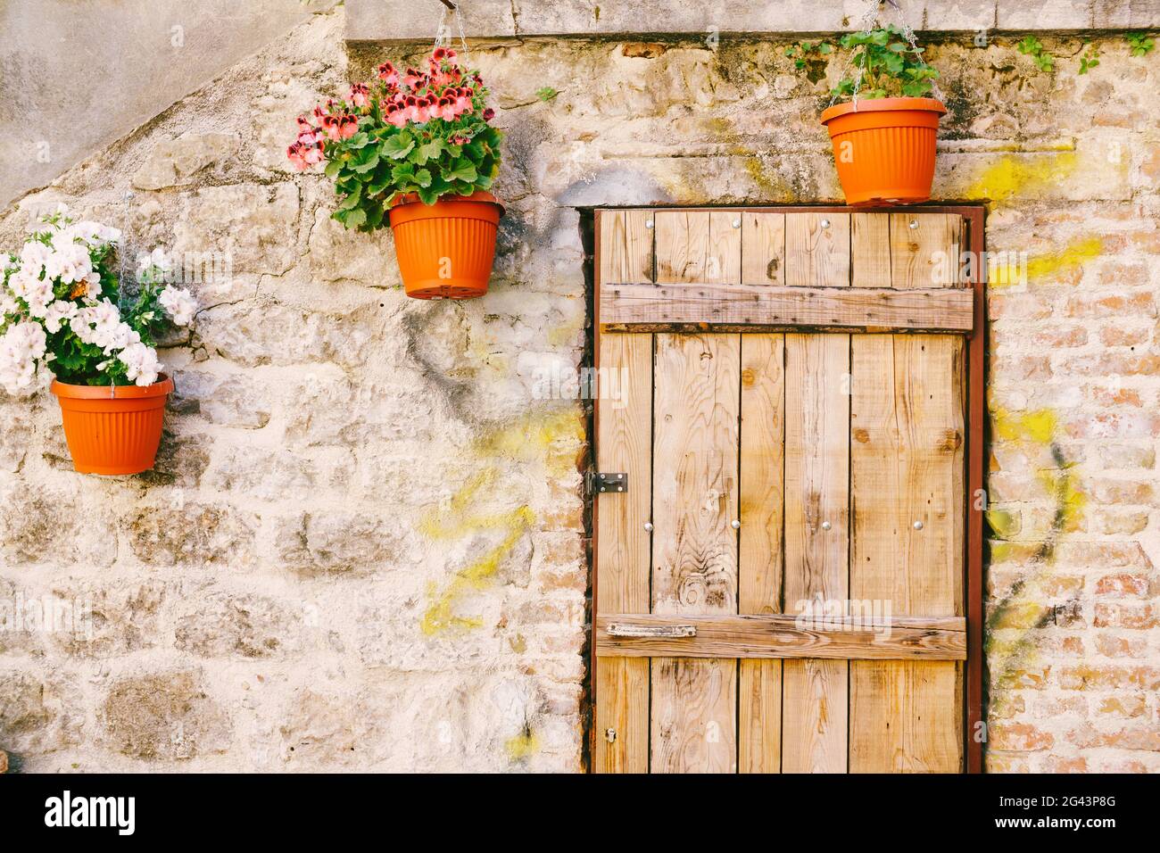 Porta di legno ad una casa decorata con vasi di fiori su un muro di pietra. Foto Stock