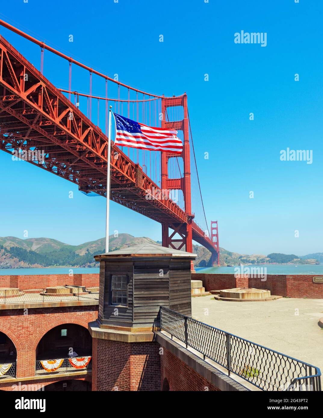 Golden Gate bridge da, Fort Point, San Francisco, California, Stati Uniti d'America Foto Stock