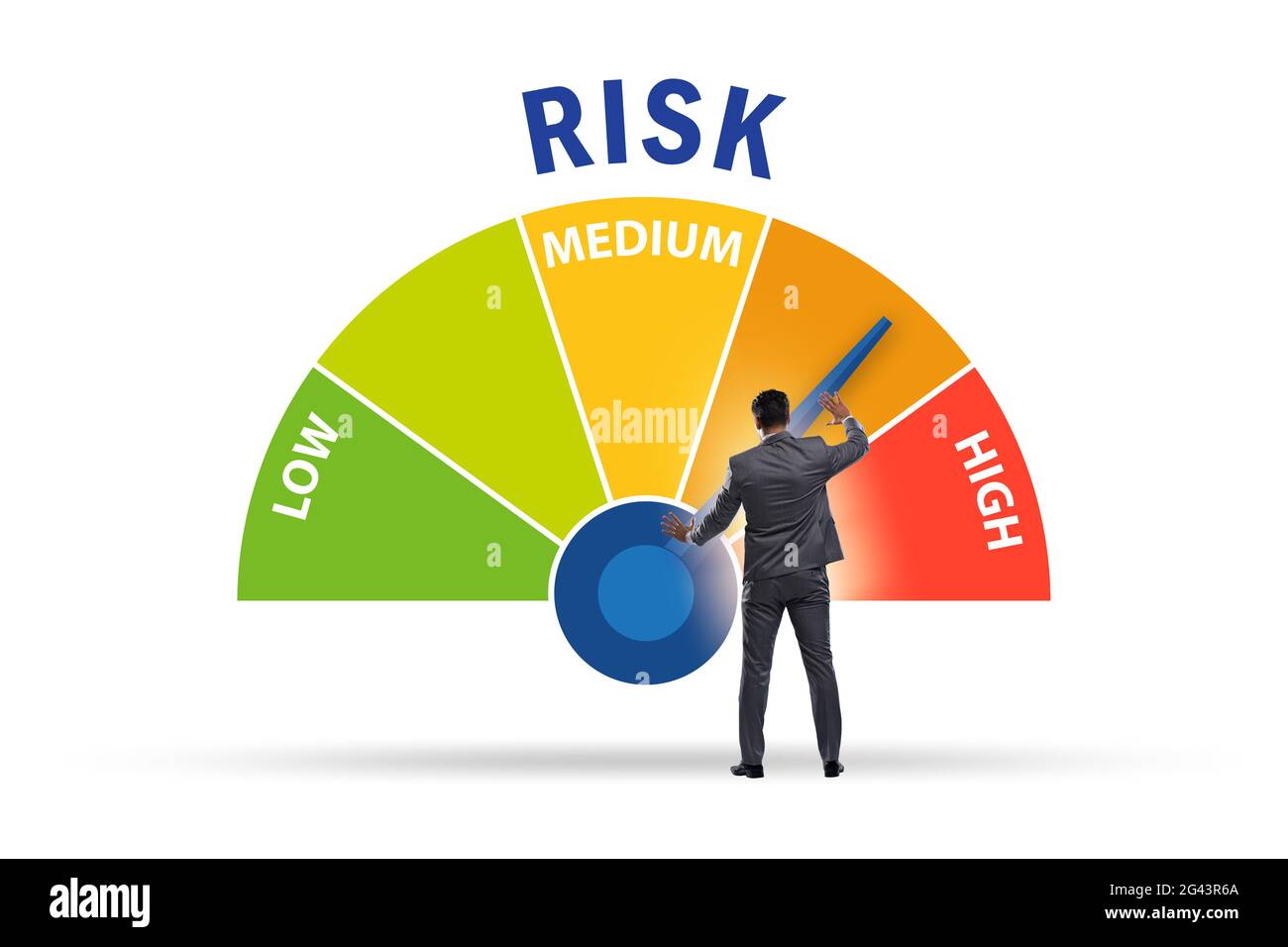 Uomo d'affari nel concetto di gestione e di misurazione del rischio Foto Stock