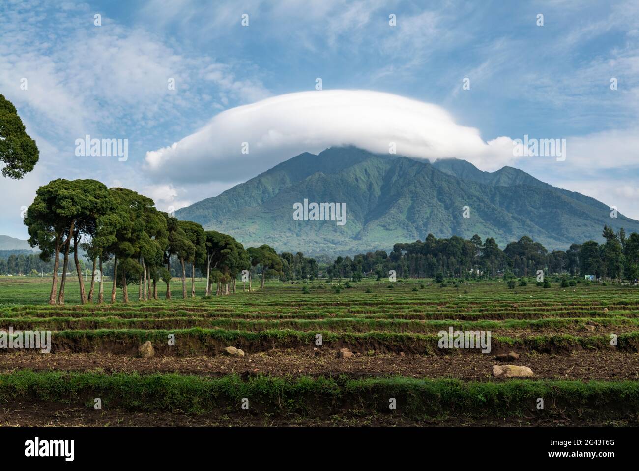 Nuvola passa sopra la montagna, Parco Nazionale Vulcani, Provincia del Nord, Ruanda, Africa Foto Stock