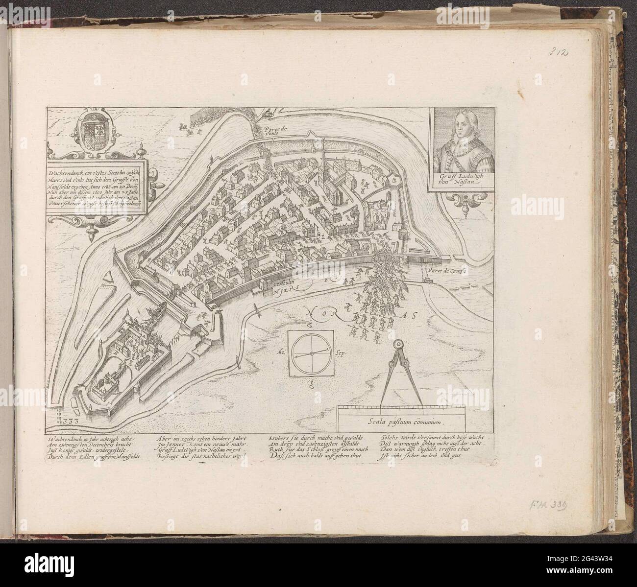 Lodewijk van Nassau conquista Wachtendonk, 1600; Serie 10: Eventi olandesi e stranieri, 1587-1612. Conquista di Waardendonk da parte dell'Esercito di Stato sotto Luigi Gunther, Conte di Nassau, 23 gennaio 1600. Vista della città murata, in alto a destra con il ritratto di Louis van Nassau, in alto a sinistra di una cartouche con testo. In basso a destra un passer con una scala. Con didascalia di 16 linee in tedesco. Sinistra sotto numerata: 333. La stampa fa parte di un album. Foto Stock