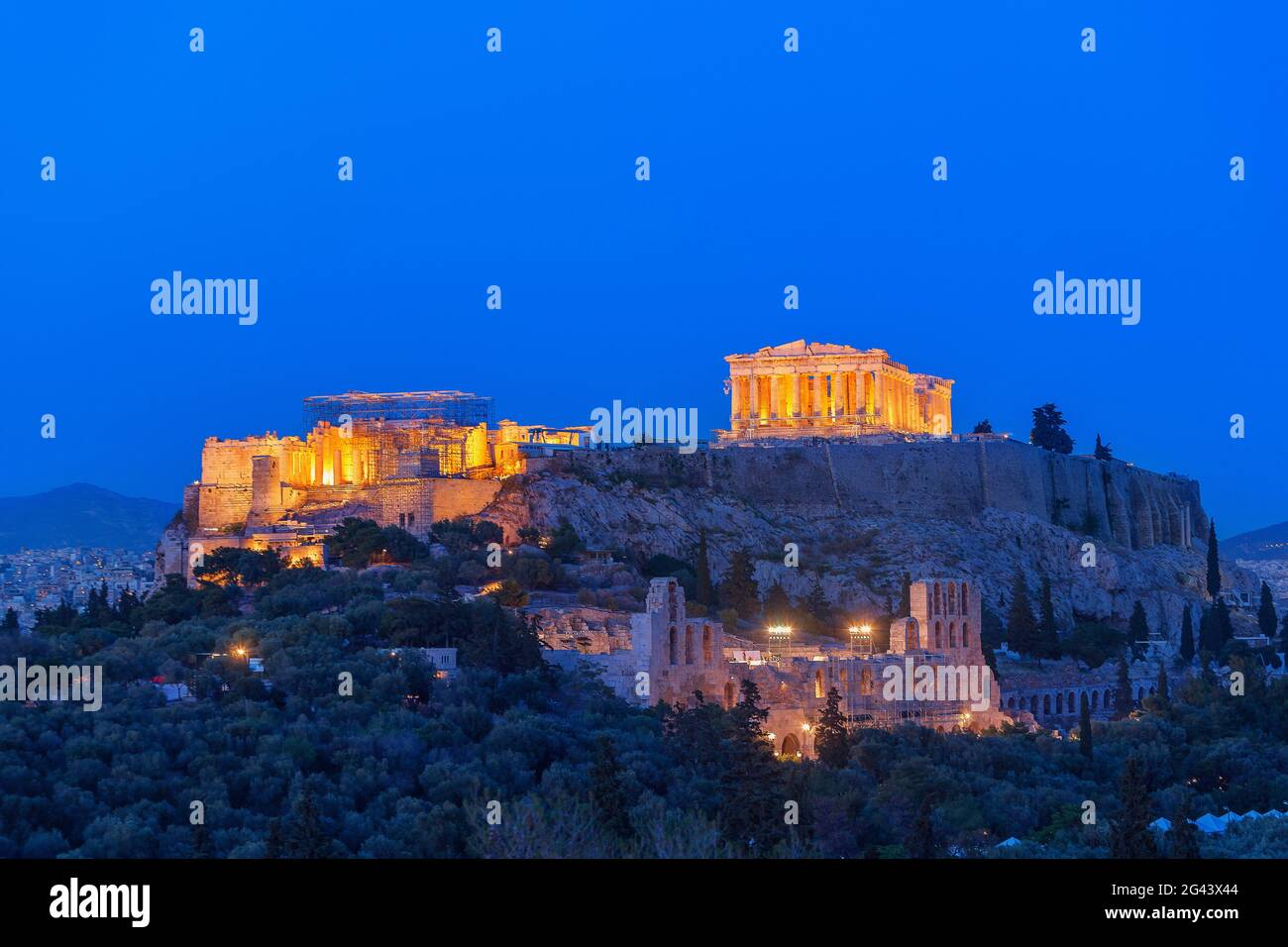 Vista dell'Acropoli di notte, Atene, Grecia, Europa Foto Stock