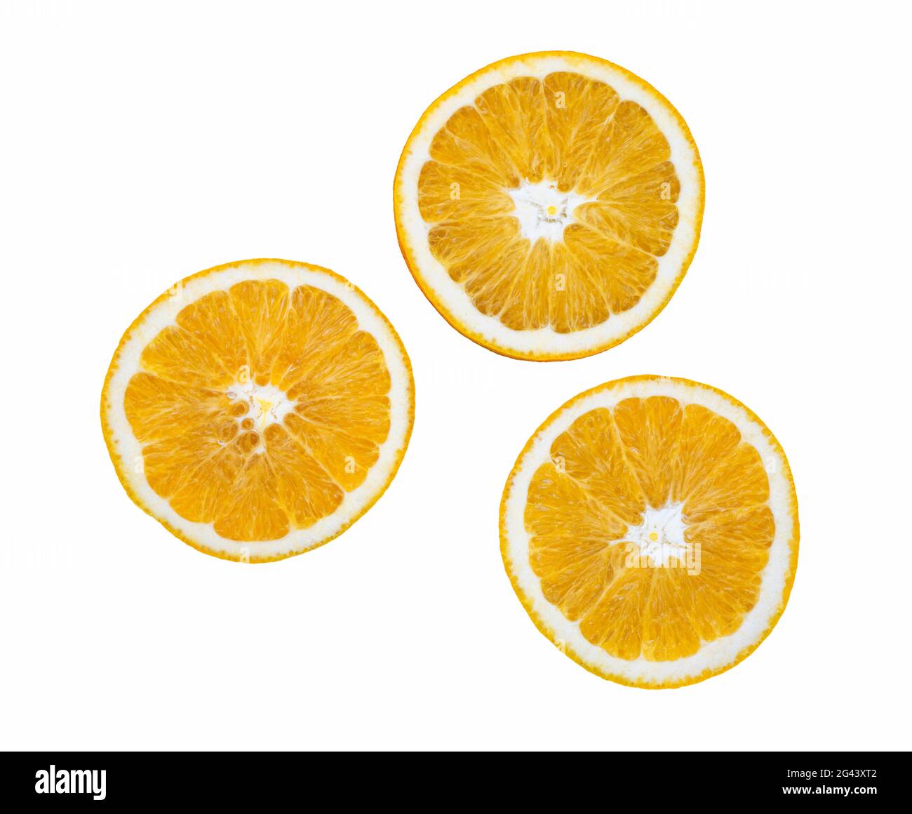 Tre fette arancioni su sfondo bianco Foto Stock