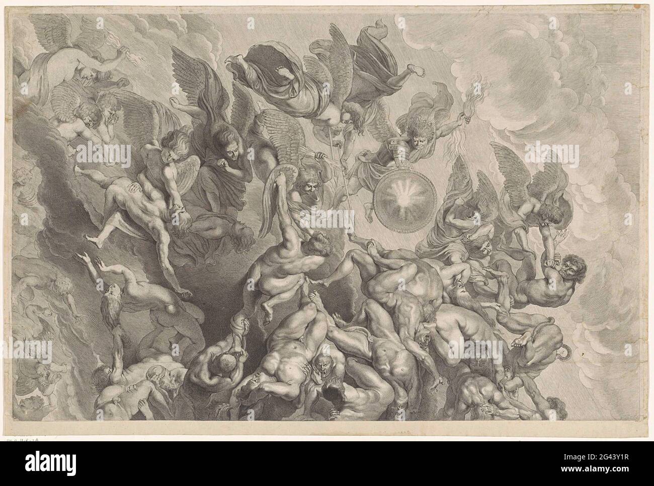 Caduta della piastra smorzata (piastra superiore). Gli angeli gettano i dannati nell'inferno. Piastra superiore di una grande rappresentazione composta da due parti. Foto Stock