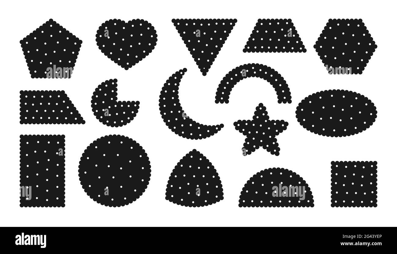 Set di icone di cracker per spuntini con silhouette nera. Collezione gustosi biscotti alimentari diverse forme vista dall'alto cerchio, quadrato, cuore. Template semplice biscotto di pasticceria vuoto. Isolato su illustrazione vettoriale bianca Illustrazione Vettoriale