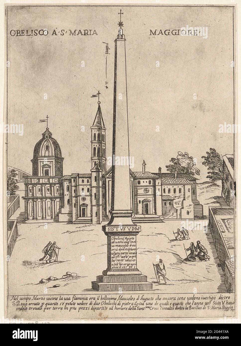 Obelisco voor de Santa Maria maggiore; Obelisco in S. Maria maggiore; Modern en Antieke Monumenten en Bouwwerken in Roma; ornamenti di Fabricia antica e moderna della Città Alma di Roma. De colonna della Pace (Obelisco) Op Het Piazza di Santa Maria maggiore voor de Santa Maria maggiore te Roma. Tekst Italiaandse in OnDermarge. Foto Stock