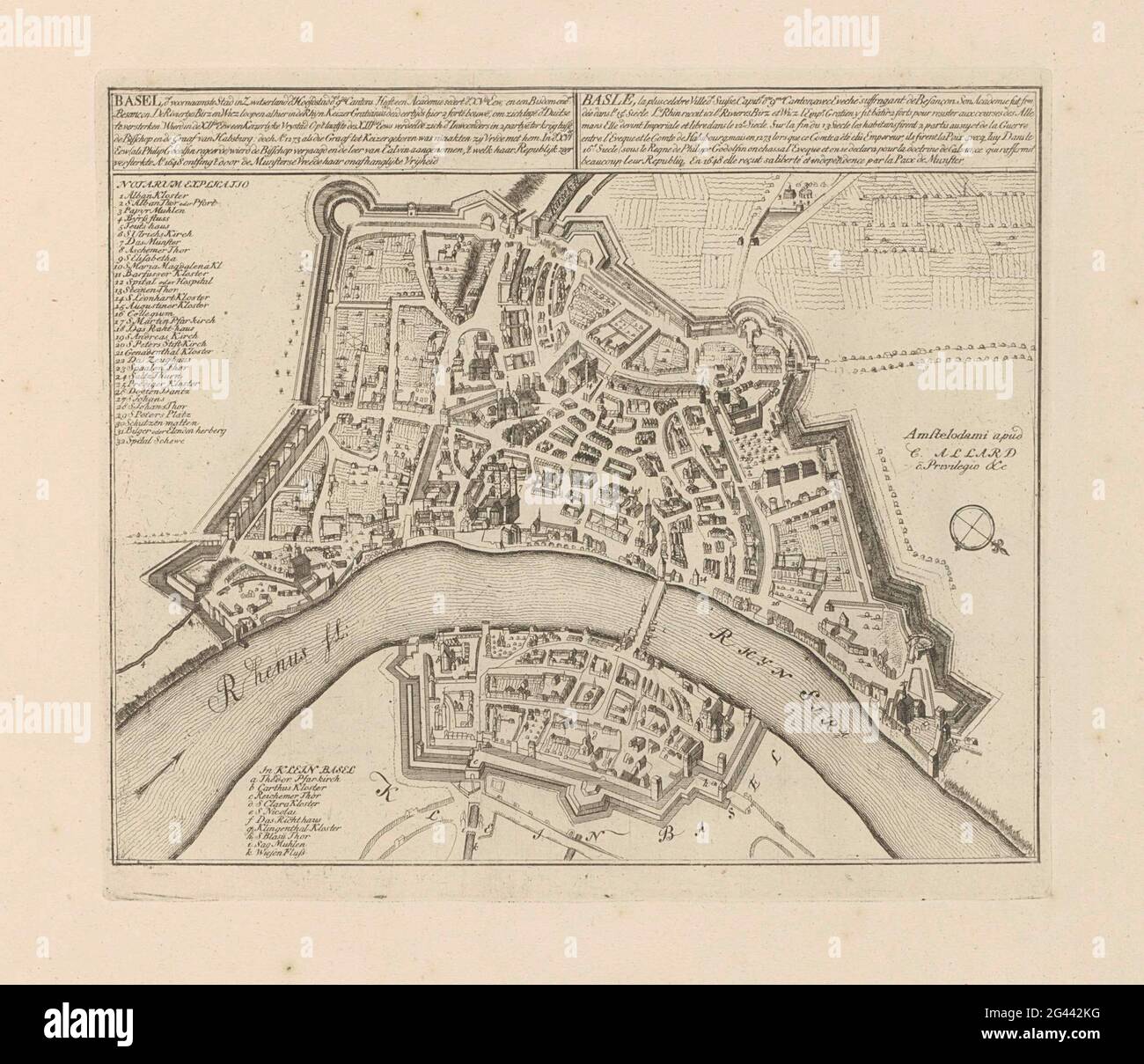 Carta di Basilea (Basilea); Basilea, la principale città della Svizzera capitale dei IX Cantoni (...); Les principales Forterses & Villes Fortes, D'Espagne, De France, D'Italie, i Savoia, D'Allemagne & des Païs-Bas (...) / immagini sittinguriali delle principali città forti e fortezze di Spanjen, Vrankryk, Italien, Savoy, Duytsland e Nederlanden (...). Mappa della città svizzera di Bazel (Basilea), situata sul Reno. Con testi in olandese e francese. La stampa fa parte di un album. Foto Stock