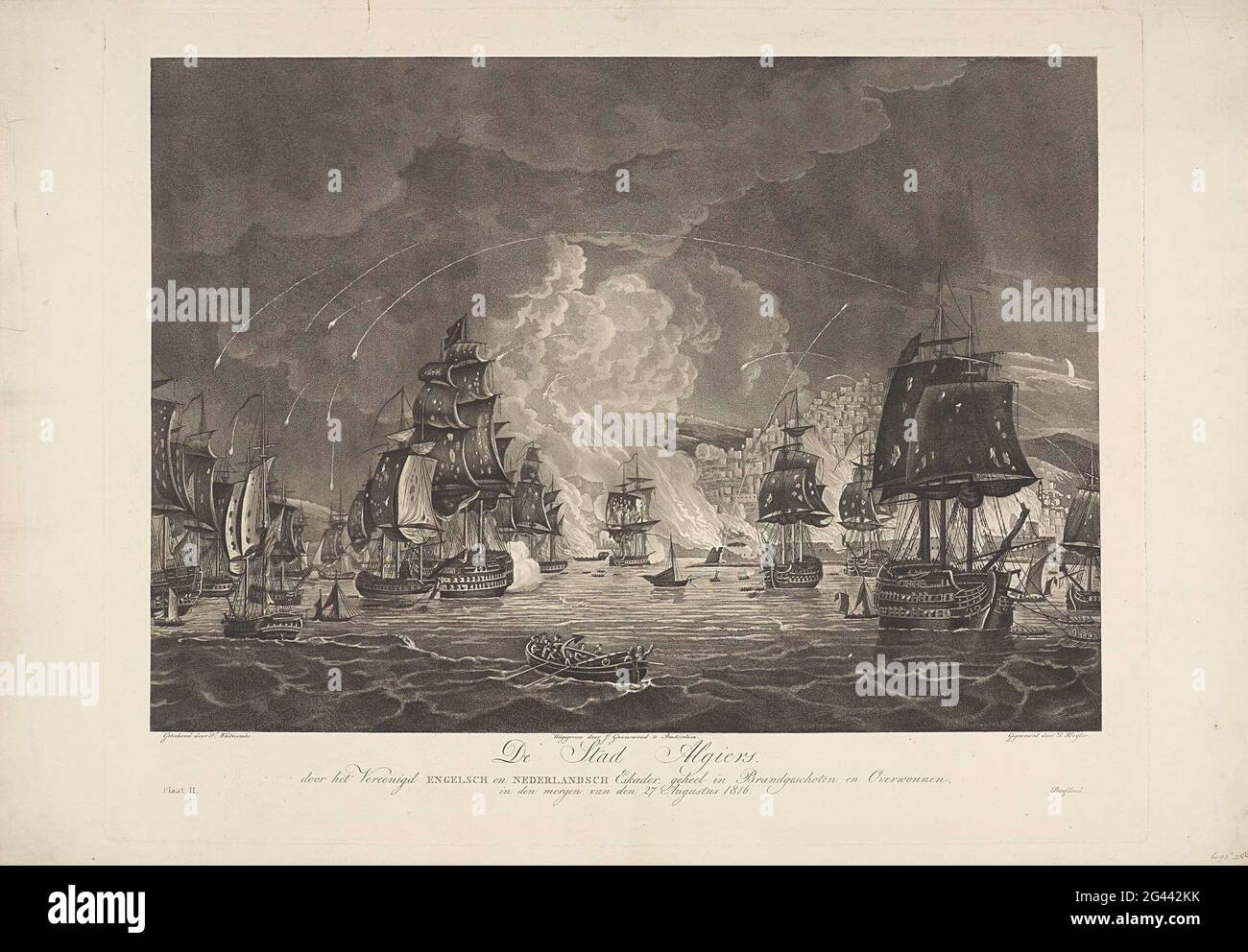 La città di Algeri, dallo squadrone Unito inglese e olandese, completamente in fuoco sparato e superato, in mattinata dal 27 agosto 1816. Vista della città ardente di Algeri, la mattina dopo il bombardamento della città da parte di uno squadrone britannico e olandese unito sotto il comando di Lord Exmouth e Baron van der Capelle, nella notte del 26 il 27 agosto 1816. Tutte le navi da guerra a vela martoriata, le navi sono ancora sparate dal paese. Vedere anche il telecomando. Foto Stock