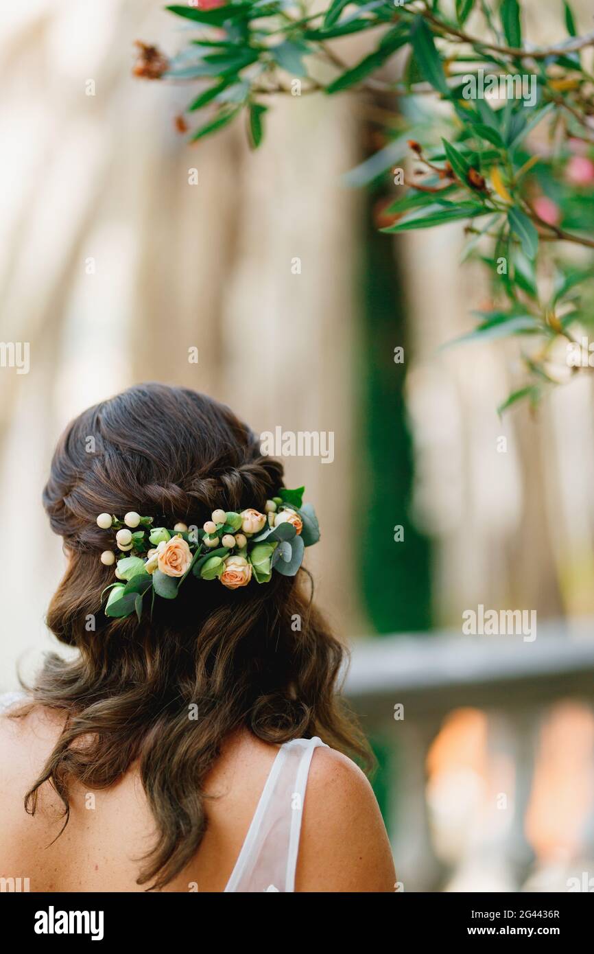 Una sposa con un ornamento di fiori naturali nei suoi capelli si trova sotto un oleandro in fiore, vista posteriore Foto Stock