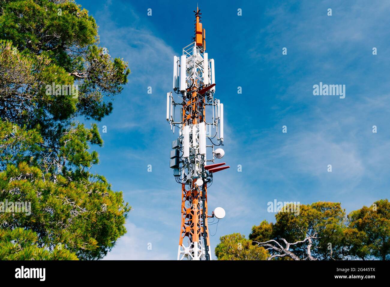 Torre cellulare sullo sfondo di alberi verdi e cielo blu. Primo piano Foto Stock