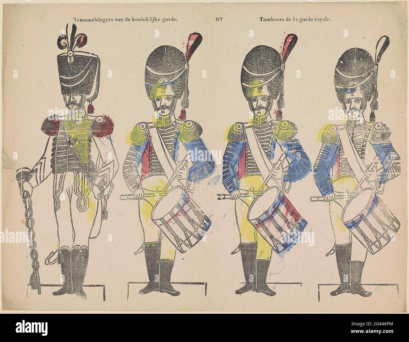 Drumsider della Guardia reale / Tamborns de la Garde Royale. Foglia con 4 spettacoli di musicisti militari. Numerato al centro sopra: 67. Foto Stock