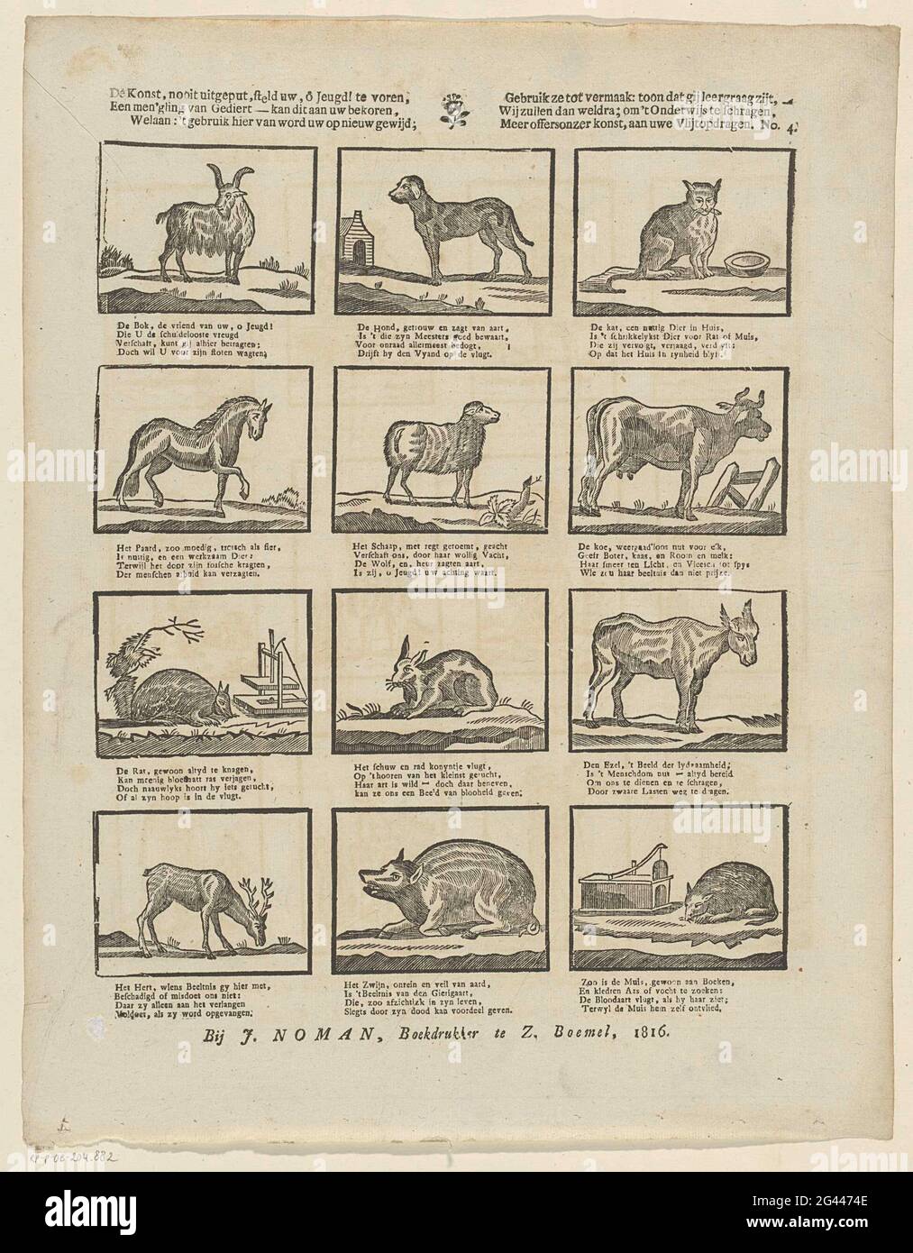 Il Konst, mai sfinito, ha dichiarato la tua, ô gioventù! In anticipo, / a Men'gling van Ediot - questo può essere fatto al tuo appello [(...)]. Foglia con 12 spettacoli di animali come una capra, un cane, un gatto e un cavallo. Sotto ogni immagine un verso a quattro righe. Numerato in alto a destra: N. 4. Foto Stock