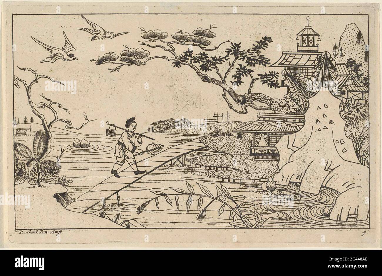 Figura cinese sul ponte sul fiume; nuovo sinesen convertito con grande Moeyte firmato ed è dato in esso, da P. Schenk Jun (...), prima parte. Una figura cinese corre con una valigia su un bastone sopra la spalla e con una foglia in mano su un ponte su un fiume. Sulla destra sulla riva edifici. Foto Stock
