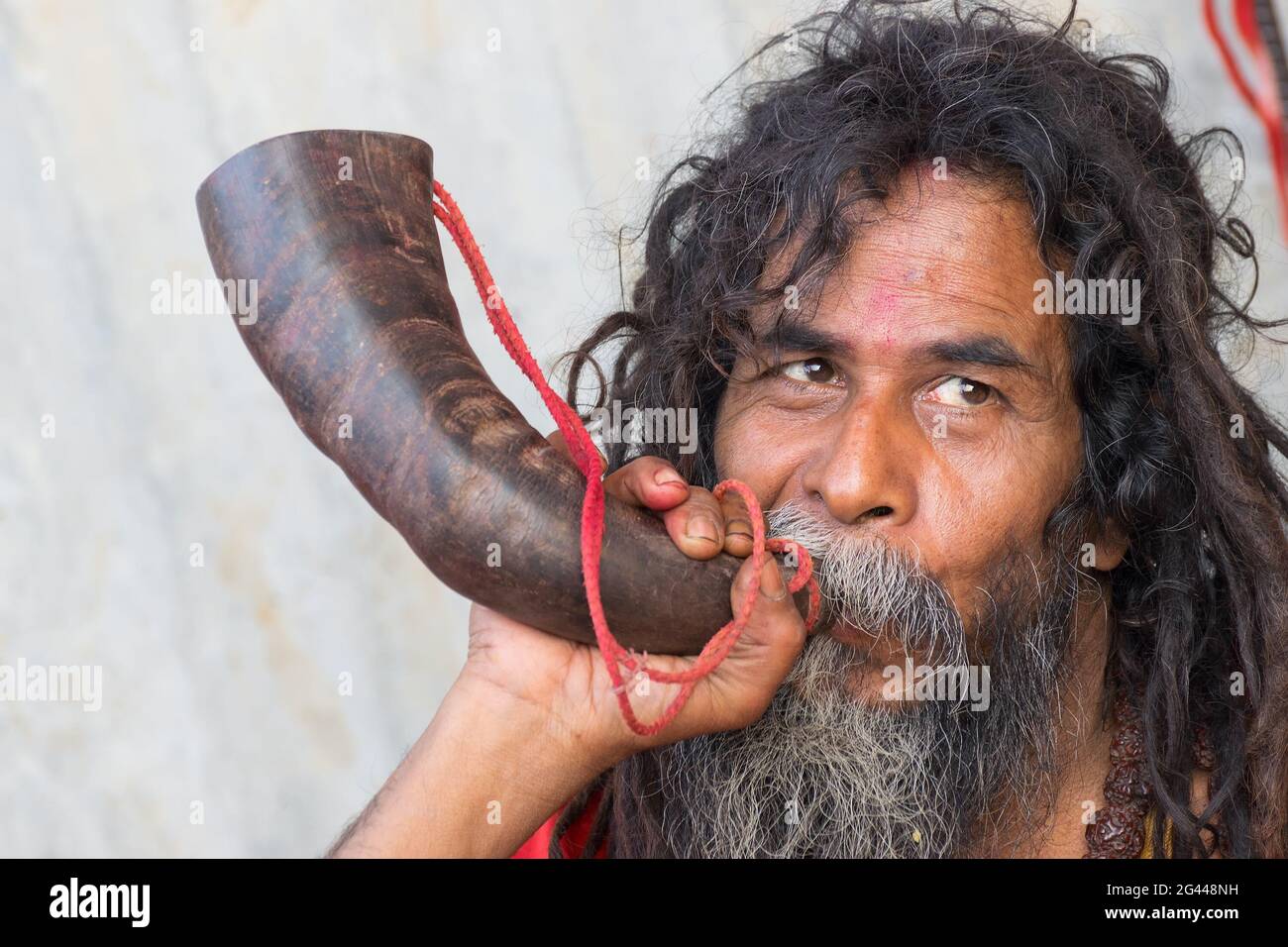 BABUGHAT, KOLKATA, BENGALA OCCIDENTALE / INDIA - 10 GENNAIO 2015 : Ritratto di indù Sadhu aginst sfondo luminoso. Foto Stock