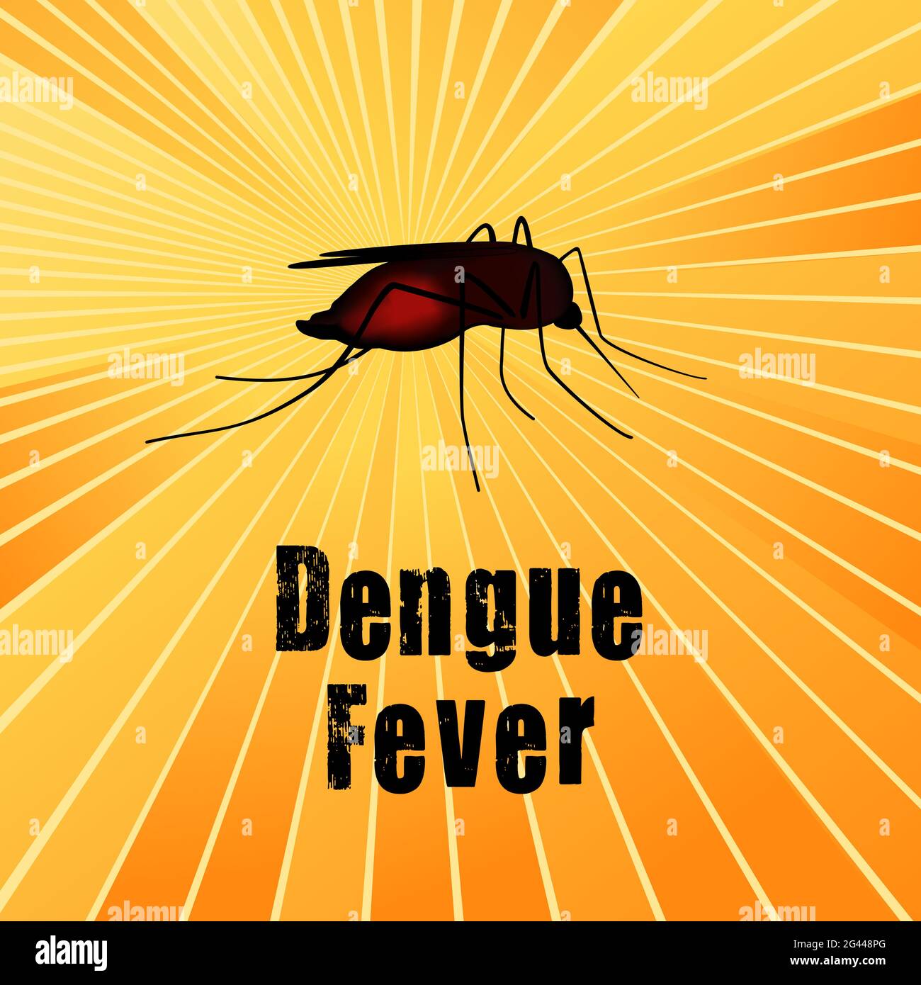 Febbre dengue, zanzara, insetto morbillo riempito di sangue, rischio per la salute pubblica, vettore di malattie infettive su sfondo oro raggi solari Foto Stock