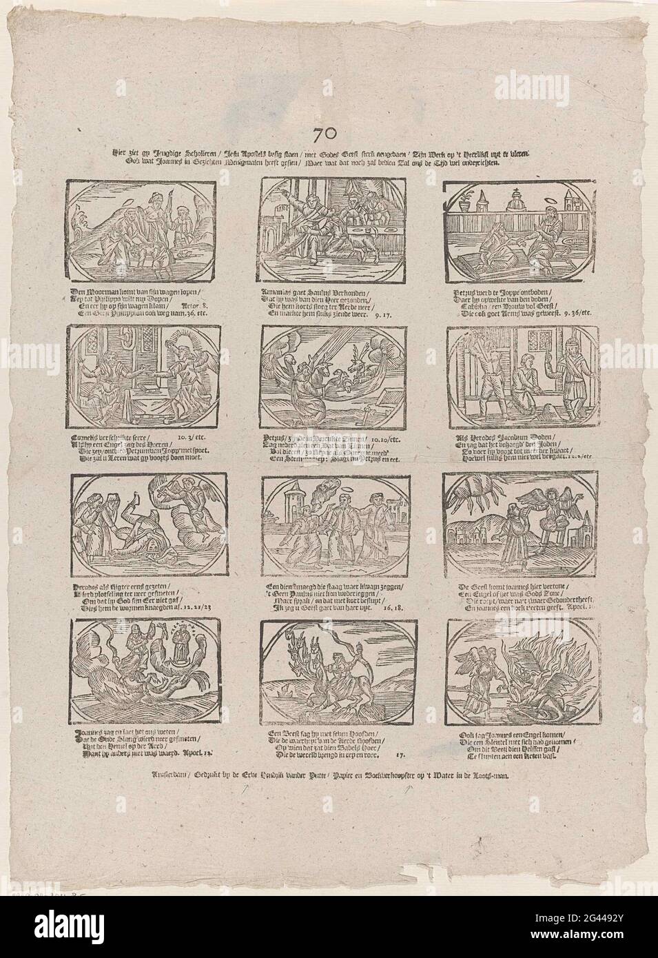 Gy studenti giovani / Jesu Apostoli sembra grande qui [(...)]. Foglia con 12 rappresentazioni di storie del nuovo Testamento. Sotto ogni immagine un versetto a quattro righe e un riferimento al testo della bibbia corrispondente. Centro numerato sopra: 70. Foto Stock
