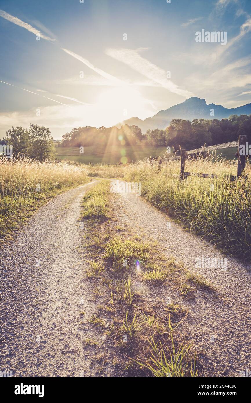 Tramonto panoramico: Strada di campagna, prato dorato, colline e montagne. Foto Stock