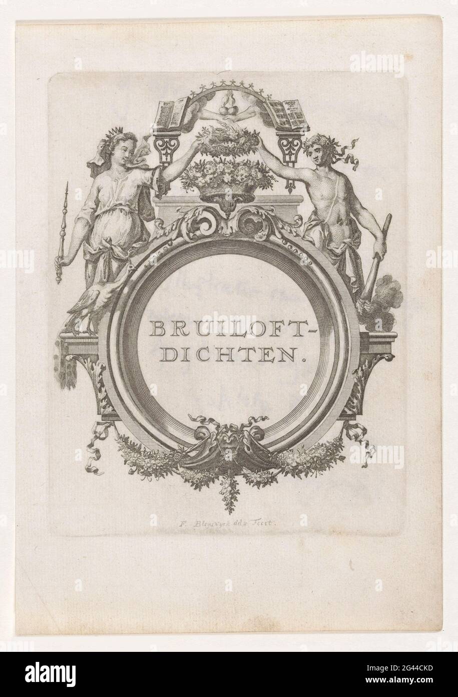 Matrimonio coppia e simboli di amore e fede nuziale; matrimonio chiuso. Vignetta con cornice in cui sposa e sposo sono inclusi. Entrambi hanno una corona di fiori. Come simboli di amore e di fede nuziale, due mani di lotta sono mostrate con un cuore ardente. Accanto alla sposa c'è un pavone. Foto Stock