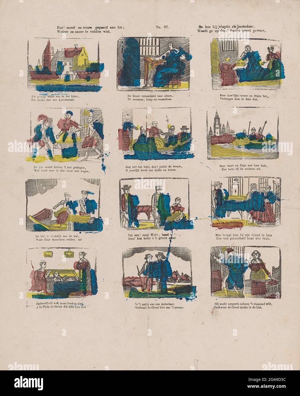 Come coraggio e fedele a Lista; / Weever il grande è riuscito a salvare. / e come fuggì come muratore. / è fatto su Deez 'Fraaije PRENT. Foglia con 12 spettacoli sulla fuga di Hugo de Groot Loevestein nascosto in una scatola libro, il 22 marzo 1621. Sotto ogni immagine un fresco a due zampe. Numerato al centro: N. 67. Foto Stock