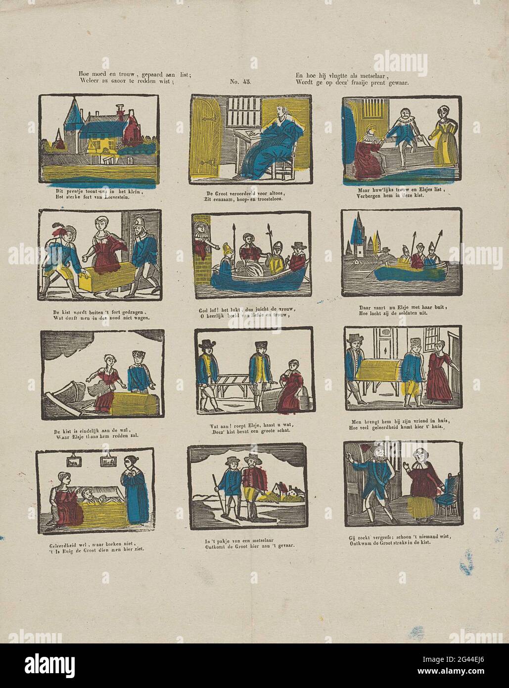 Come coraggio e fedele a Lista; / Weever il grande è riuscito a salvare. / e come fuggì come muratore. / è fatto su Deez 'Fraaije PRENT. Foglia con 12 spettacoli sulla fuga di Hugo de Groot Loevestein nascosto in una scatola libro, il 22 marzo 1621. Sotto ogni immagine un fresco a due zampe. Numerato al centro: N. 45. Foto Stock