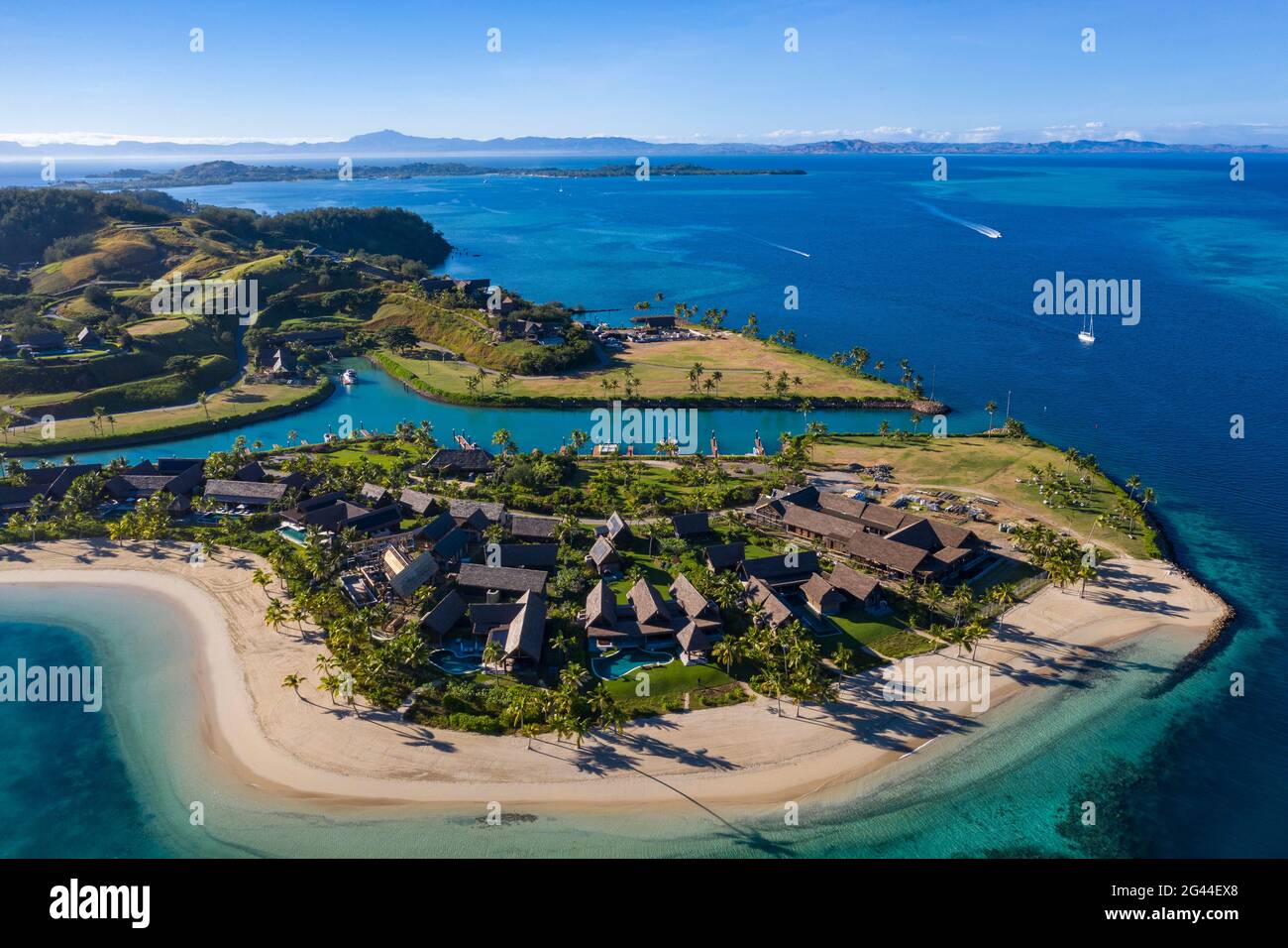 Vista aerea dal Six Senses Fiji Resort, Malolo Island, Mamanuca Group, Isole Fiji, Sud Pacifico Foto Stock