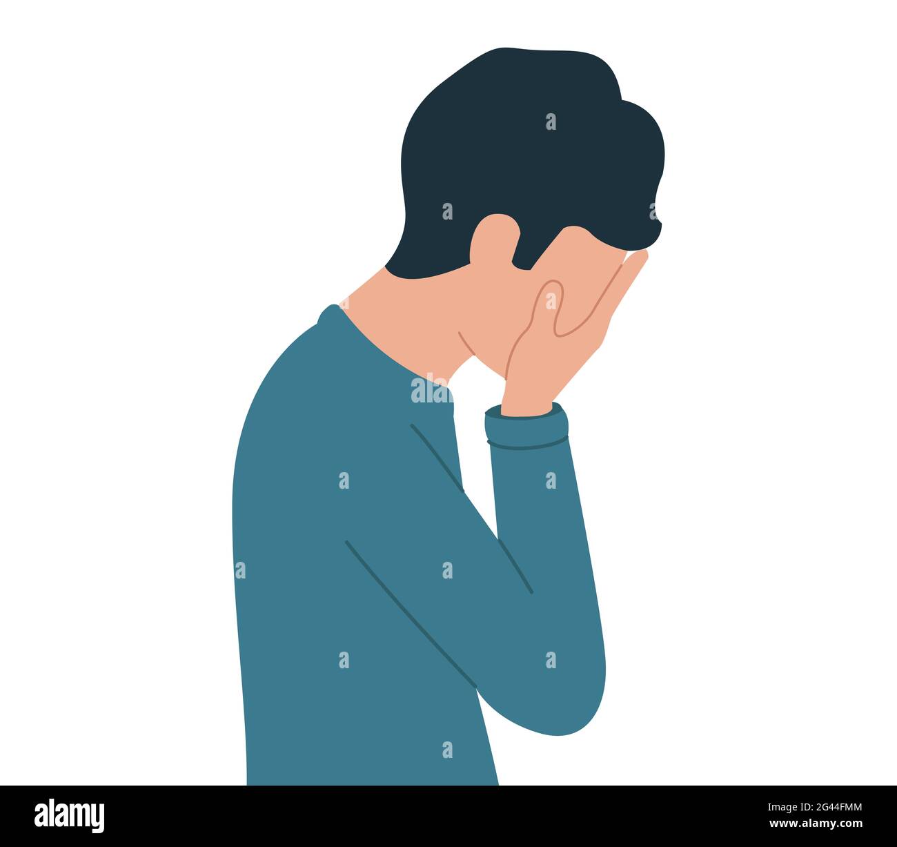 Illustrazione vettoriale di un ragazzo giovane in depressione. Uomo sconvolto. Persona disperata Foto Stock